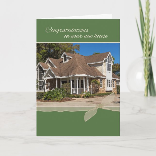 Carte Photo Félicitations pour New Home, Green, Ruban (Devant)