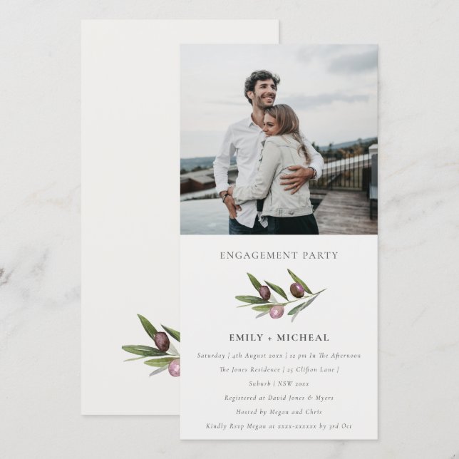 Carte photo Fiançailles de feuillage Chic Olive Br (Devant / Derrière)