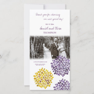 Carte photo floral jaune pourpre de mariage de