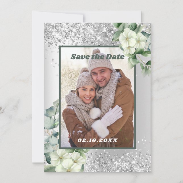 Carte Photo florale vert argent Enregistrer le mariage d (Devant)