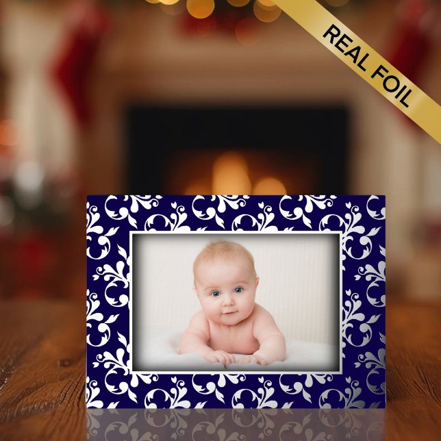 Carte photo Foil Faire-part de naissance (Photo Birth Announcement Foil Card - Silver Foil boarder)
