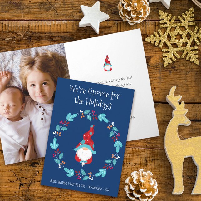 Carte Photo Gnomfor Holidays Cute Fun Elf Wreath Blue (Créateur téléchargé)
