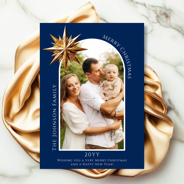 Carte photo Gold North Star (A keepsake photo card in royal blue with a gold star.)