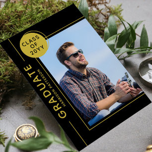 Carte Photo Graduation Party Modern Script Black Gold