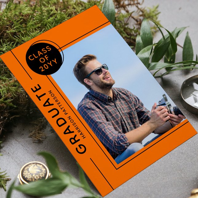 Carte Photo Graduation Party Modern Script Orange Noir (Créateur téléchargé)