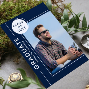 Carte Photo Graduation Party Moderne Script Bleu Blanc