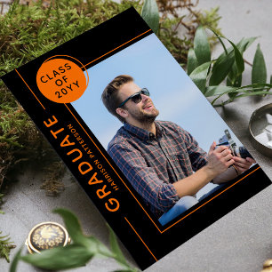 Carte Photo Graduation Party Script moderne Black Orange