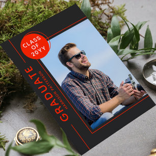 Carte Photo Graduation Party Script moderne Gris rouge