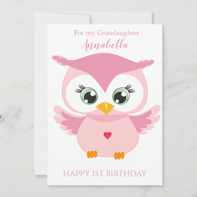 Carte Photo Grandaughter First Birthday Cute Pink Owl (Devant)