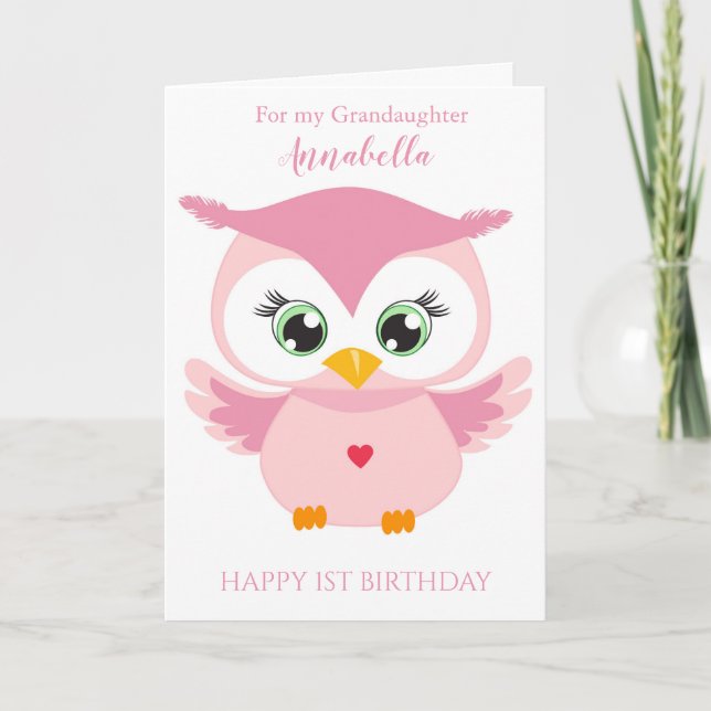 Carte Photo Grandaughter First Birthday Cute Pink Owl (Devant)