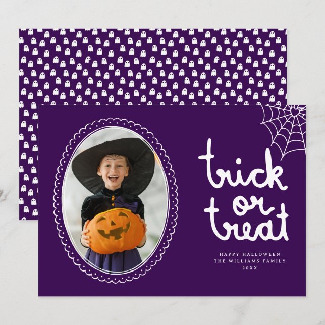 Carte Photo Halloween Trick Ou Treat Halloween Dessinée  (Devant / Derrière)