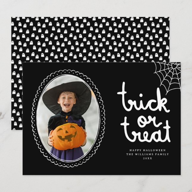 Carte Photo Halloween Trick Ou Treat Halloween Dessinée  (Devant / Derrière)