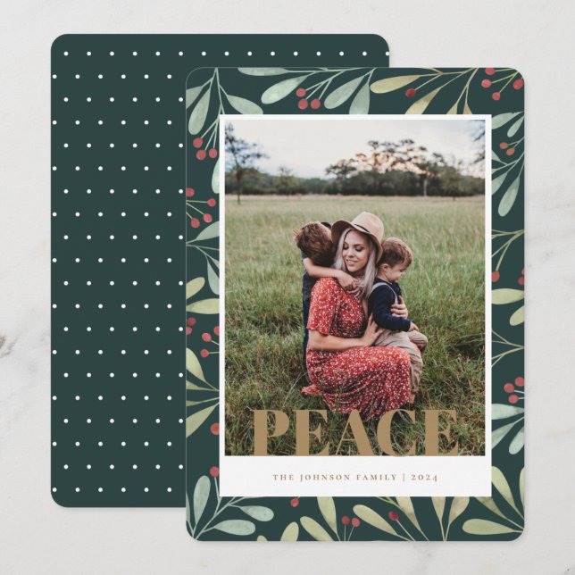 Carte photo Holly Berry Green Gold Peace Christmas (Devant / Derrière)