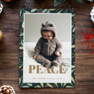 Carte photo Holly Berry Green Gold Peace Christmas