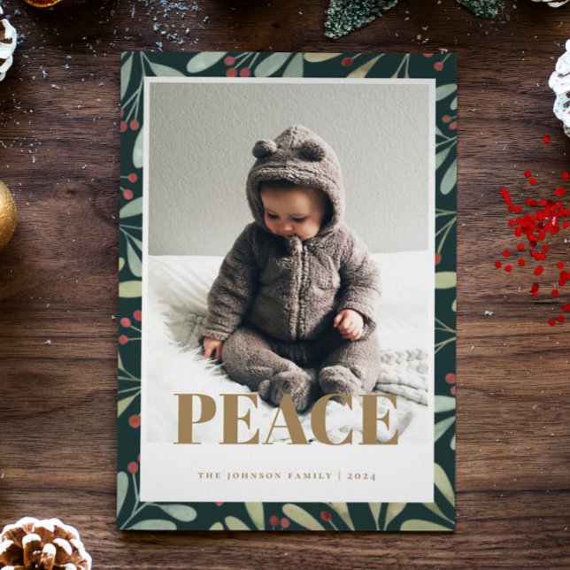 Carte photo Holly Berry Green Gold Peace Christmas (Créateur téléchargé)
