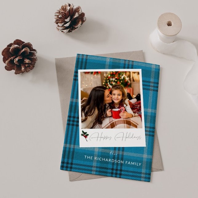 Carte Photo instantanée Plaid Bleu Joyeuses Fêtes (Créateur téléchargé)