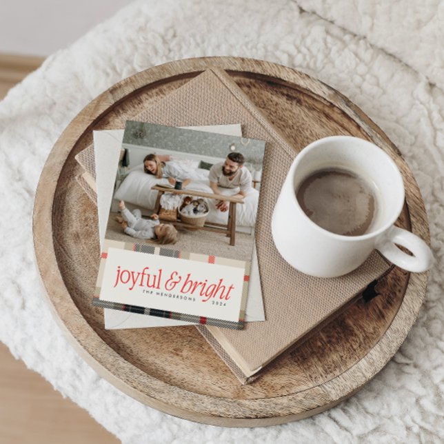 Carte Photo Joyeuse & Lumineuse Plaid d'Hiver Conf (Joyful & Bright Cozy Winter Plaid Holiday Photo Card)