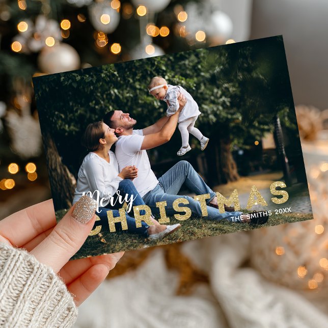 Carte photo magnétique de Noël d'or et de parties (Send your holiday greetings with this personalized family Christmas card with gold glitter.)