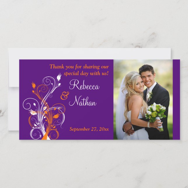 Carte photo Mariage floral blanc, violet, orange,  (Devant)