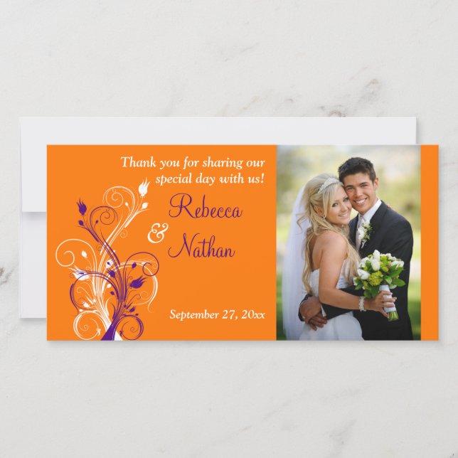 Carte photo Mariage floral blanc, violet, orange,  (Devant)