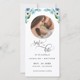 Carte Photo, Mariage Floral Bleu Enregistrer La Date Sig