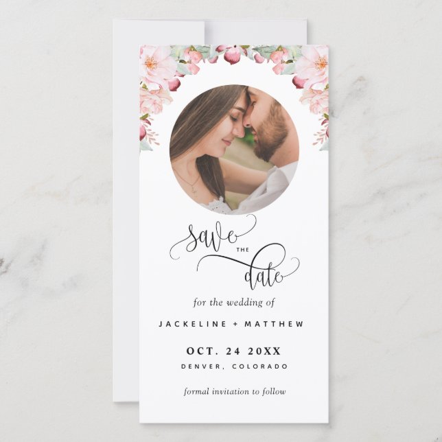Carte Photo, Mariage Floral Rose Enregistrer La Date Sig (Devant)