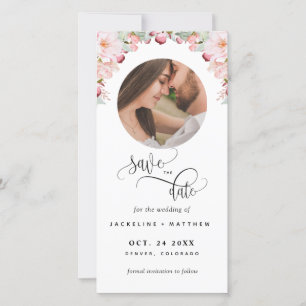 Carte Photo, Mariage Floral Rose Enregistrer La Date Sig