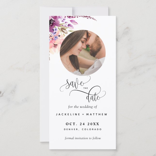 Carte Photo Mariage Floral Violet Enregistrer La Date Si (Devant)