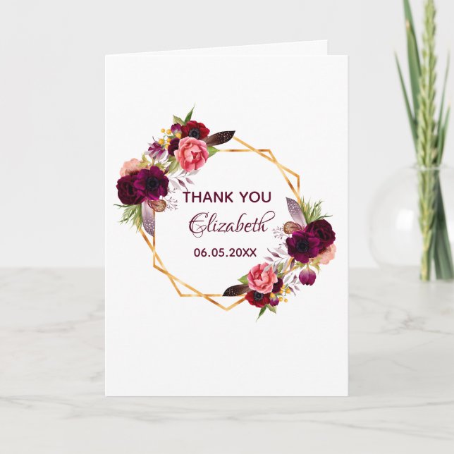Carte Photo Merci anniversaire bourgogne floral (Devant)