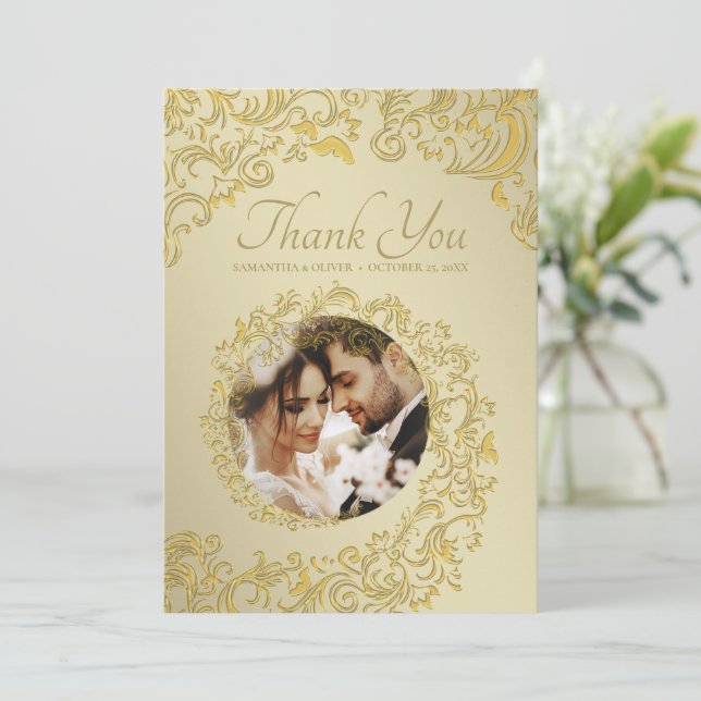 Carte photo Merci Gold Mariage damassé (Debout devant)