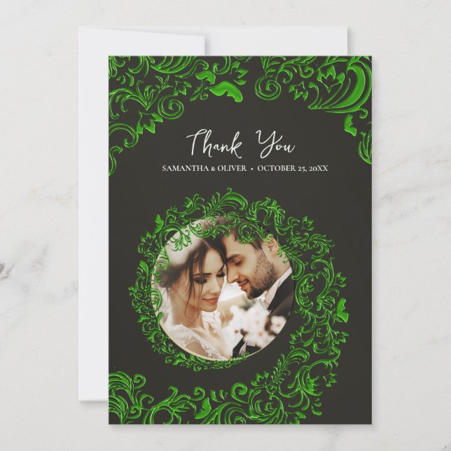 Carte photo Merci Mariage damassé vert (Devant)