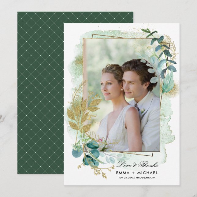 Carte photo Merci Mariage végétal vert (Devant / Derrière)