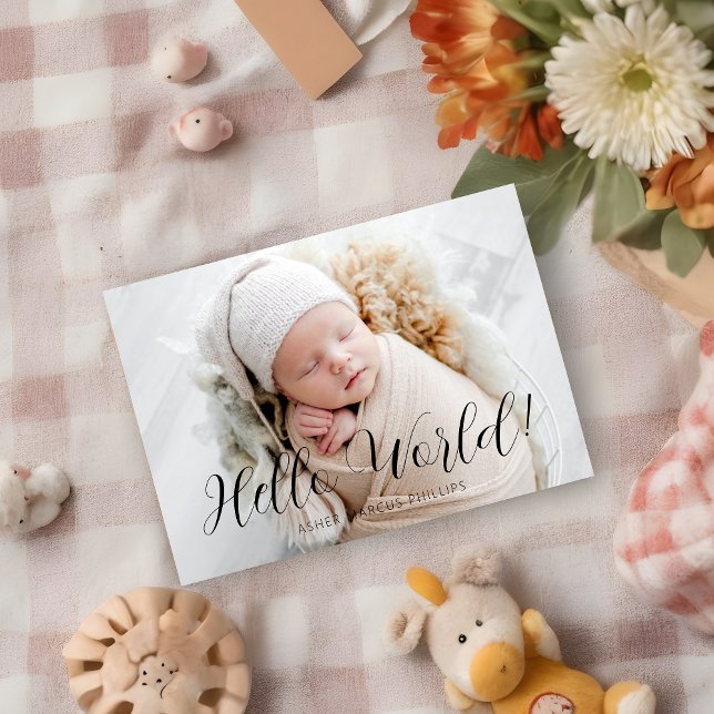 Carte Photo Minimalist Elegant Typography Hello World (Photo Minimalist Elegant Typography Hello World Quote Newborn Unisex Announcement.)