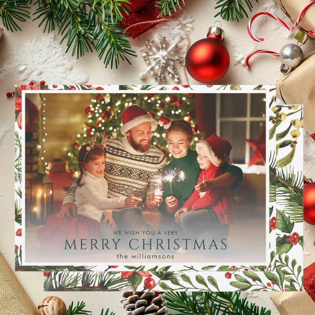 Carte Photo moderne Aquarelle Florale Noël (Modern Photo Watercolor Floral Christmas Holiday Cards)