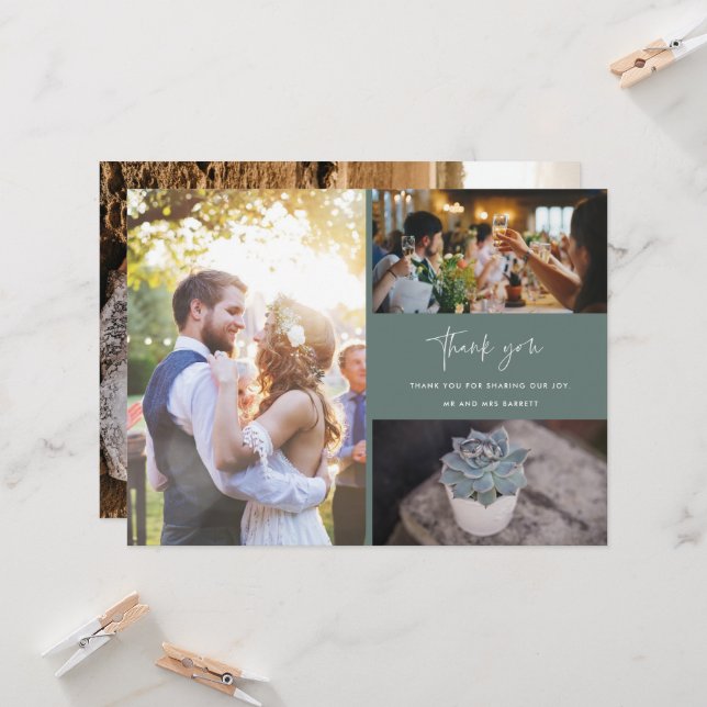 Carte Photo moderne Collage Pine Vert Mariage Merci (Devant/Arrière en situation)