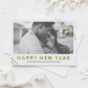 Carte photo moderne de bonne année de feuille d'or