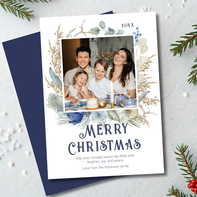 Carte Photo moderne Joyeux Noël Script Boho Floral (Créateur téléchargé)