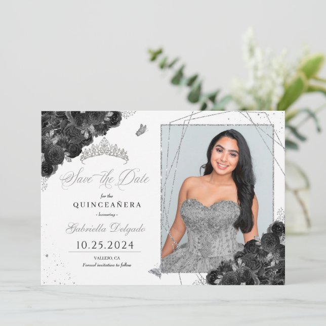 Carte photo Noir & Argent Quinceañera Enregistrer  (Debout devant)