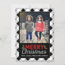 Carte photo noir et blanc de Noël de plaid de