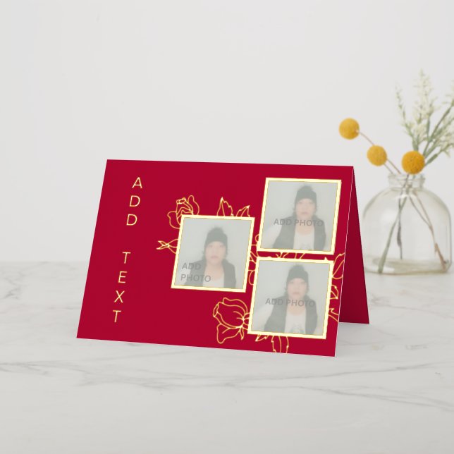 Carte photo personnalisé Red Gold Floral Foil (Fleur d'or)
