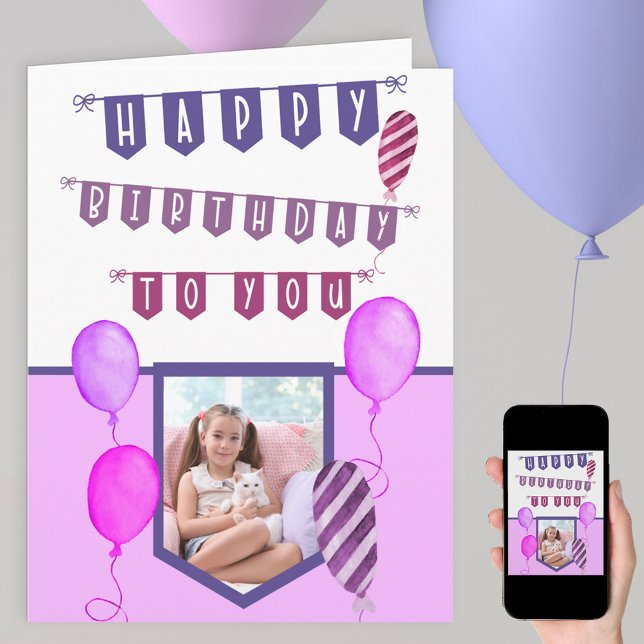Carte Photo personnalisée Bunple violet et ballons Anniv (Créateur téléchargé)