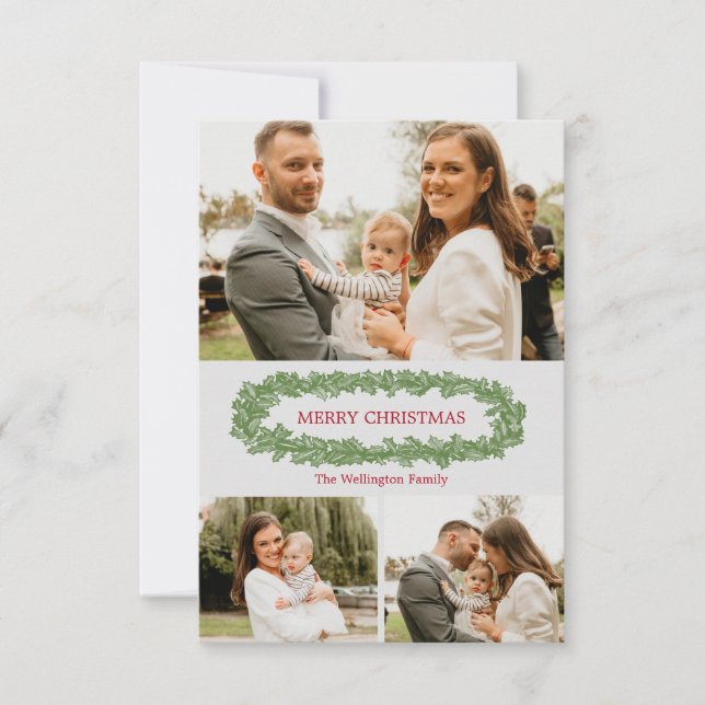 Carte photo personnalisée de Noël Feuille Holly (Devant)