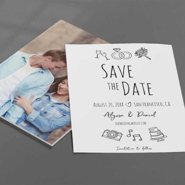Carte Photo personnalisée Main dessinée Minimal noir bla (Whimsical hand drawn fun and unique photo wedding save the date cards.)