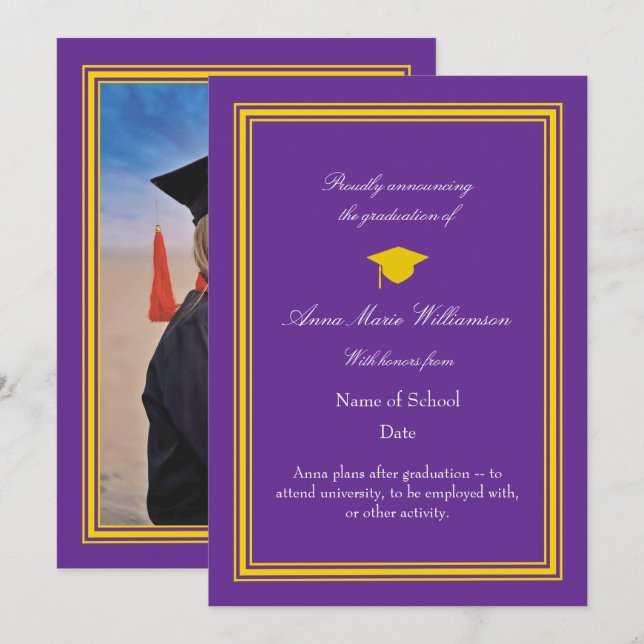 Carte Photo - Purple Proudly Announcing Graduation (Devant / Derrière)