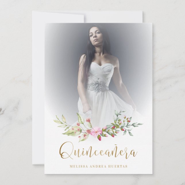 Carte Photo Quinceañera Español Guirnalda Floral Rosa (Devant)