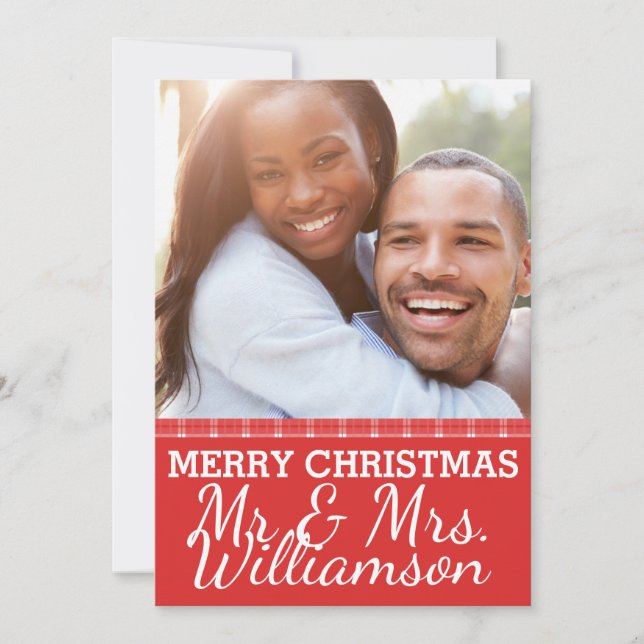 Carte photo Red Plaid Mr & Mrs Christmas (Devant)