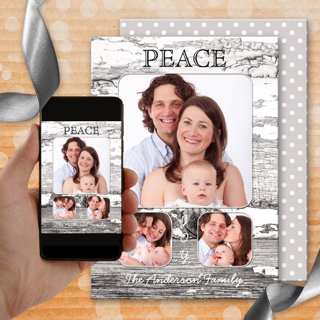 Carte photo Retro Rustic Wood Christmas (A retro Christmas card featuring your own photos framed by a rustic wood design)