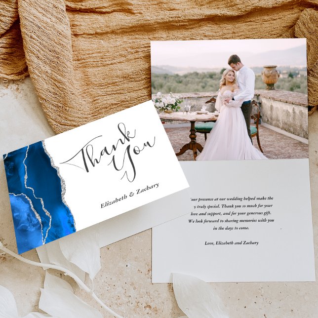 Carte Photo Royal Blue Agate Argent Mariage Merci (Créateur téléchargé)
