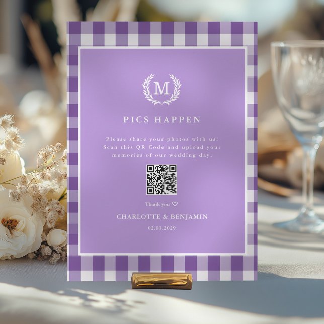 Carte PHOTO S'EST PRODUITE ! QR Code Purple En vichy Gal (PICS HAPPEN!QR Code Purple Gingham Wedding Gallery)