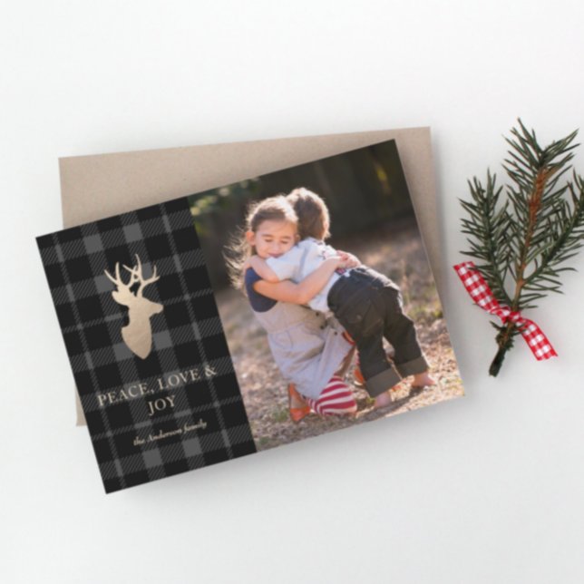 Carte photo Soft Grey Plaid Golden Deer Christmas (Créateur téléchargé)